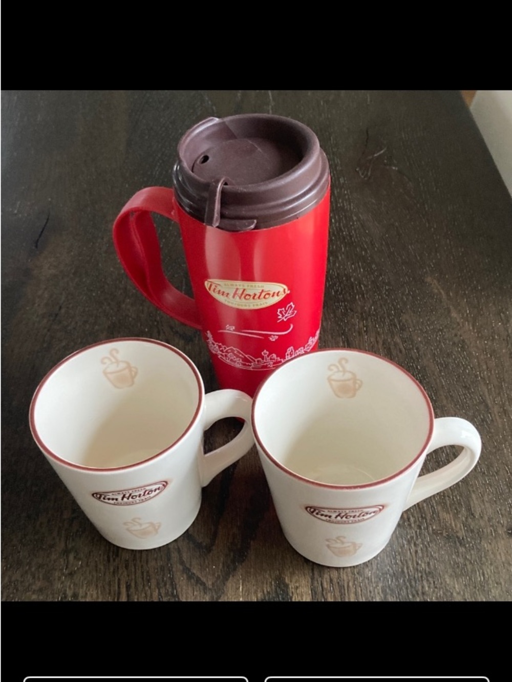 Thermos Red Travel Mug with Brown Lid and White Ceramic Tim Hortons Mugs
